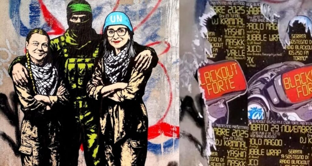 Vandalismo a Roma: danneggiato il murale che ritrae Thunberg e Albanese con un miliziano di Hamas
